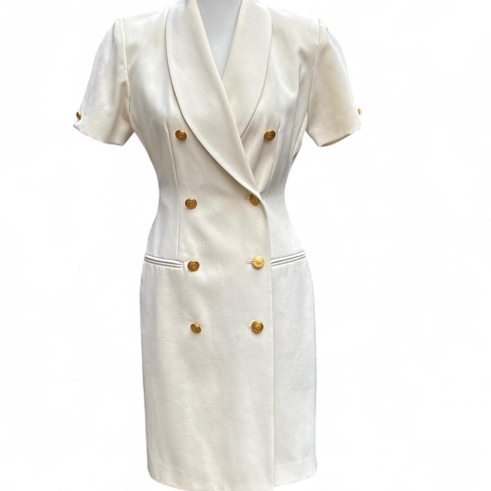 White Double-Breasted Blazer Dress with Gold Buttons